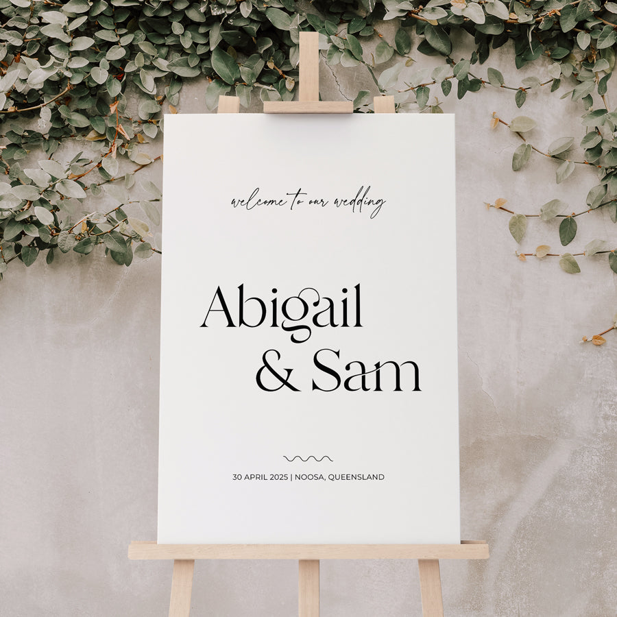 Black and White wedding welcome sign in retro font style. Printed in Australia on foamboard or Acrylic.