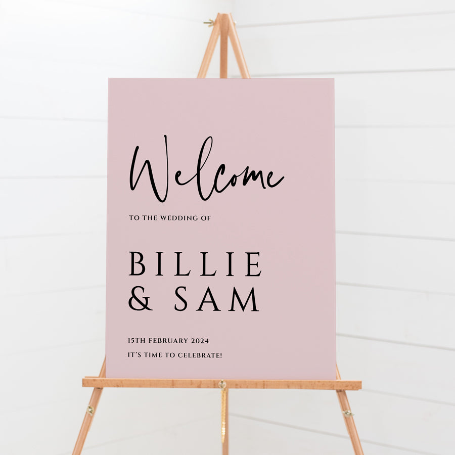 modern wedding welcome sign in dusty pink. Designed and printed in Australia on premium foamboard or acrylic.