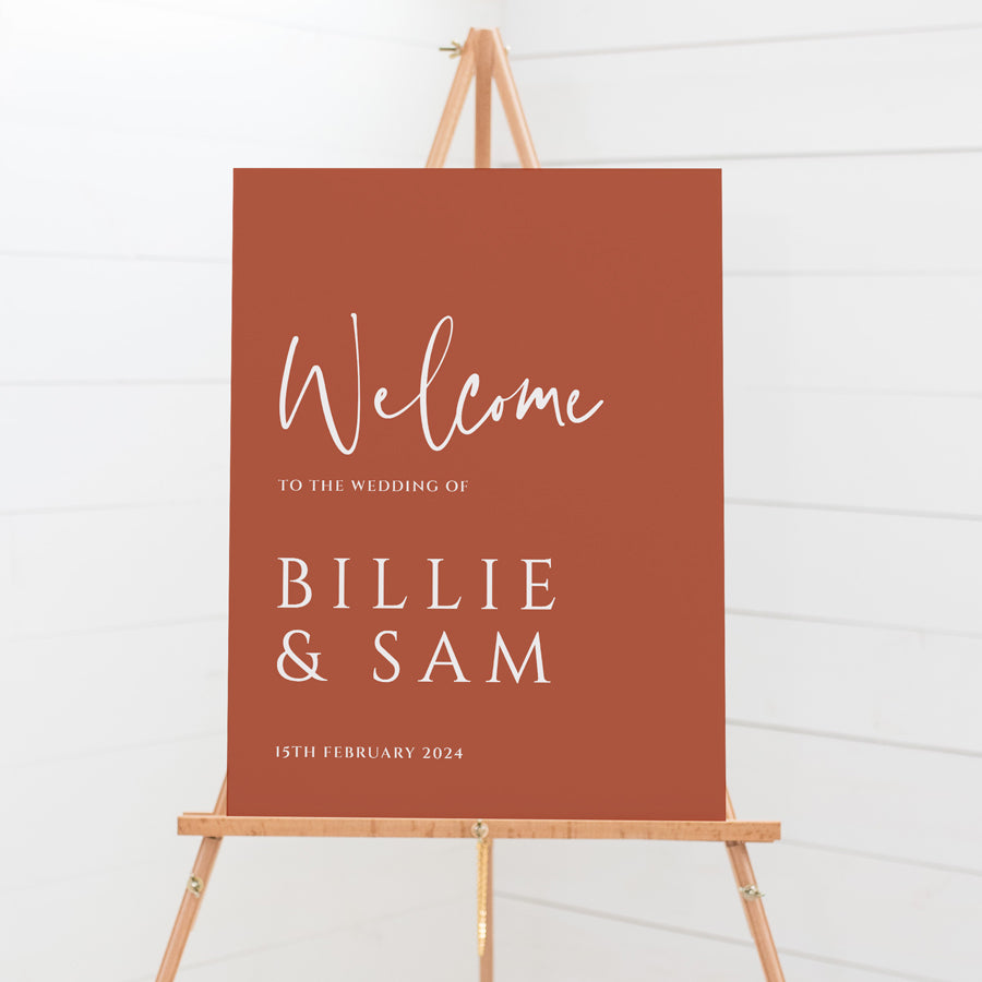 modern wedding welcome sign in Clay and white. Designed and printed in Australia on premium foamboard or acrylic.