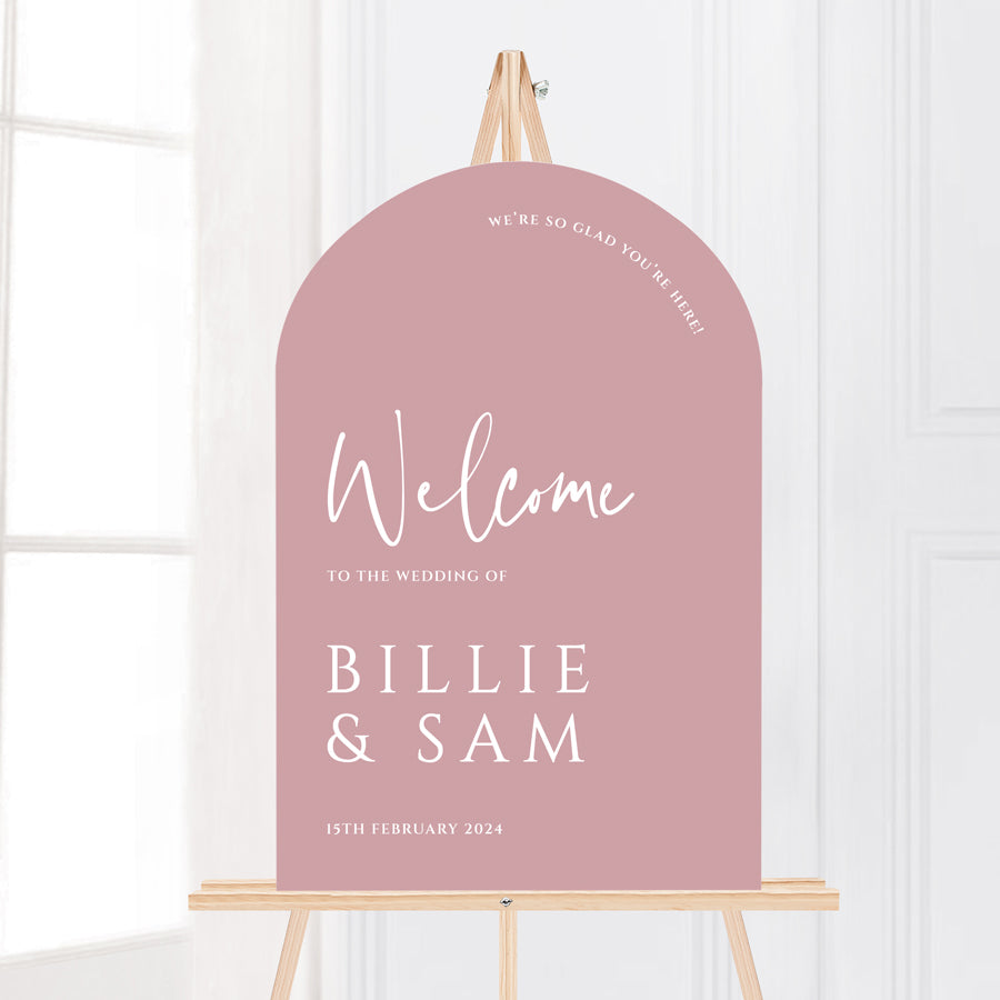 modern arch shape wedding welcome sign in blush dusty pink colours. Designed and printed in Australia.