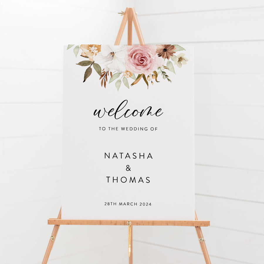 Floral wedding welcome sign with calligraphy font. Boho style florals. Peach Perfect Australia.