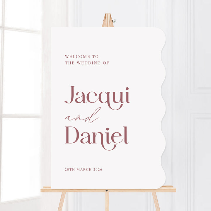 Wavy shape wedding welcome sign Australia in pink and white colours. Laser Cut.
