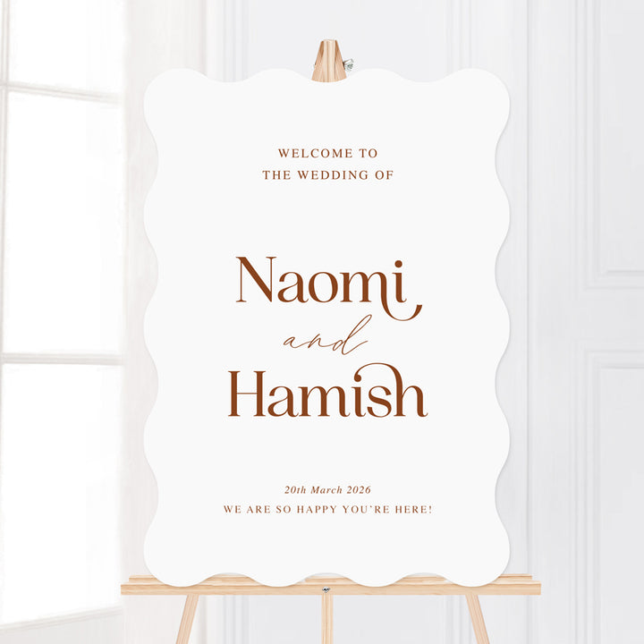 Wavy shape wedding welcome sign Australia in reddish brown and white colours. Laser Cut.
