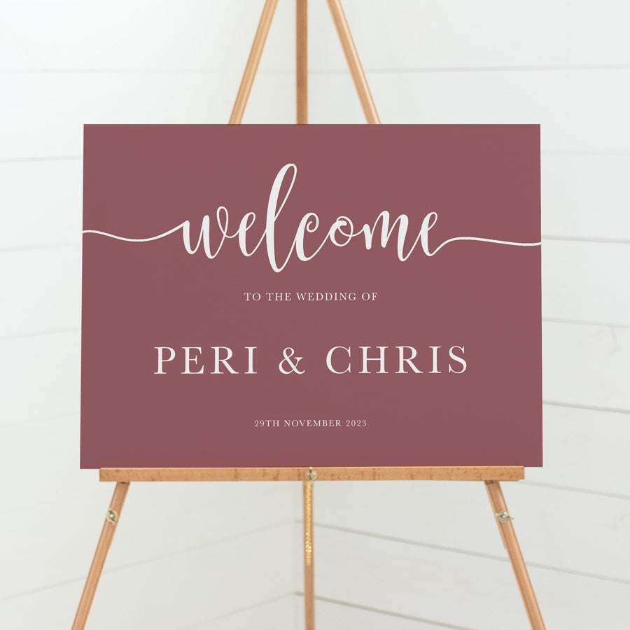 Wedding welcome sign with large welcome and modern swash font. Rose pink and white. Printed on foamboard or acrylic in Australia.