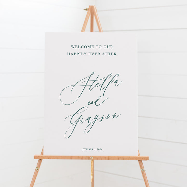 Calligraphy wedding welcome sign in white and neutral green. Designed and printed in Australia.