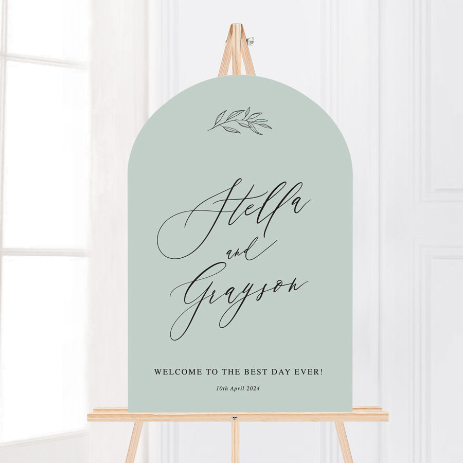 Arch wedding welcome sign in white and mint green. Designed and printed in Australia.