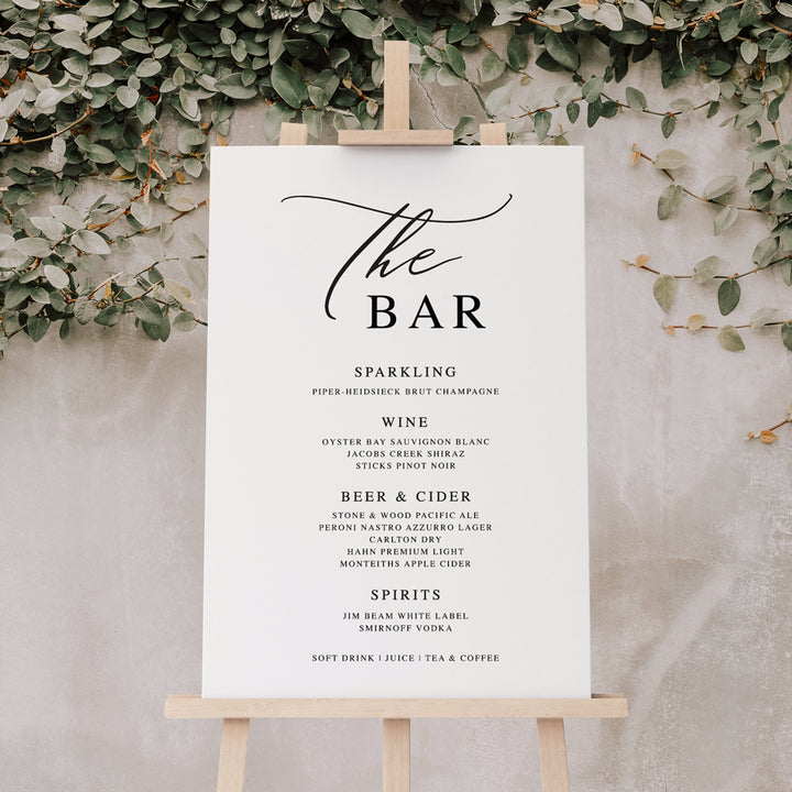 Wedding Bar sign board designed in Australia and printed on foamboard PVC or acrylic. Sitting on an easel. Calligraphy font.