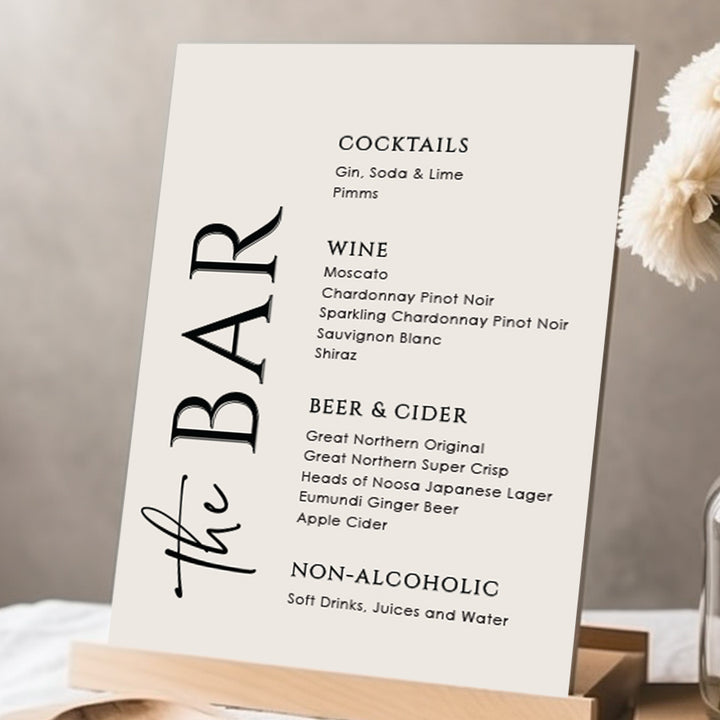 Small wedding bar signs designed and printed in Australia. Black text on Almond background. PVC or Acrylic.