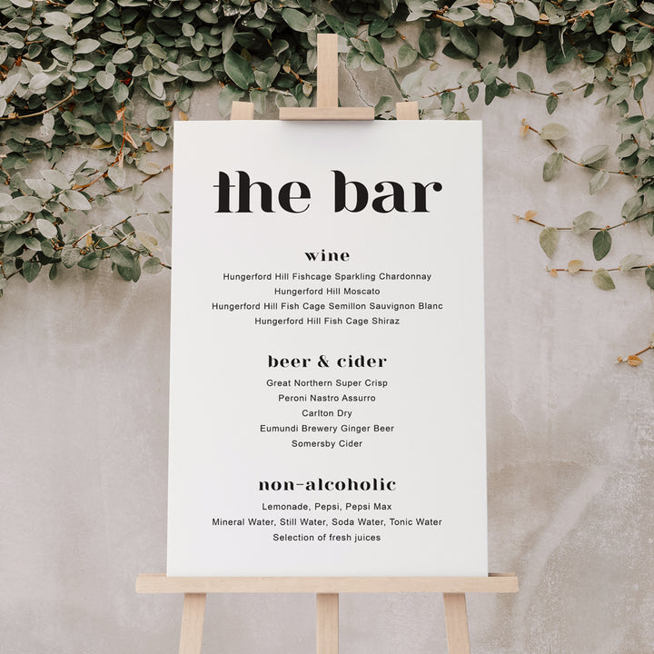 Wedding Bar sign board designed in Australia and printed on foamboard PVC or acrylic. Sitting on an easel. Calligraphy font.