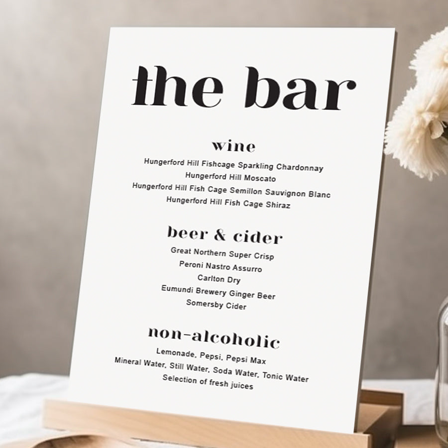 Modern wedding bar sign with heading The Bar. Printed in Australia in black and white on Foamboard or Acrylic.