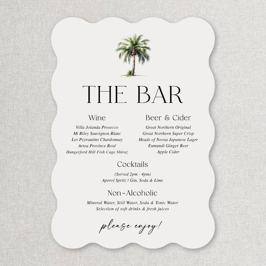 Wavy shape wedding or event bar and beverages sign with watercolour tropical palm tree. Peach Perfect.