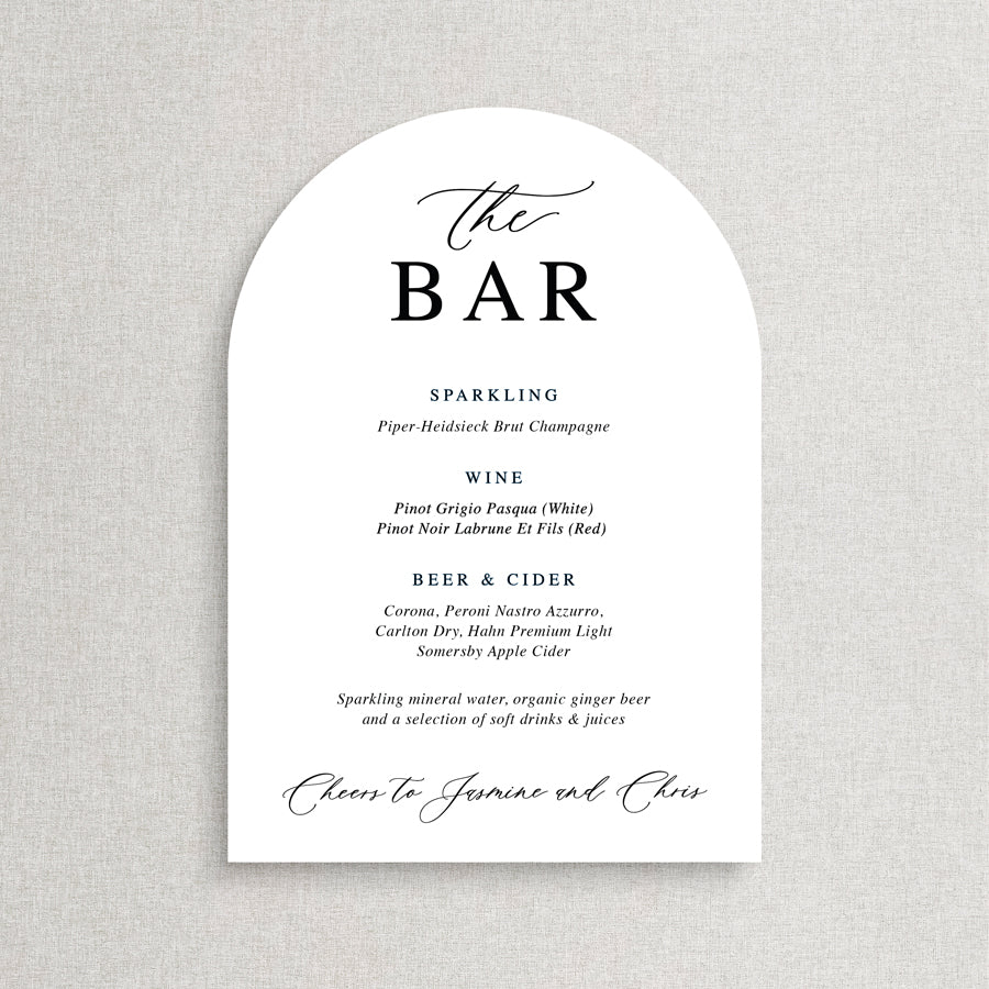 Arch shape wedding bar or drinks pvc or acrylic sign. Printed in Australia. Personalised with bride and grooms names