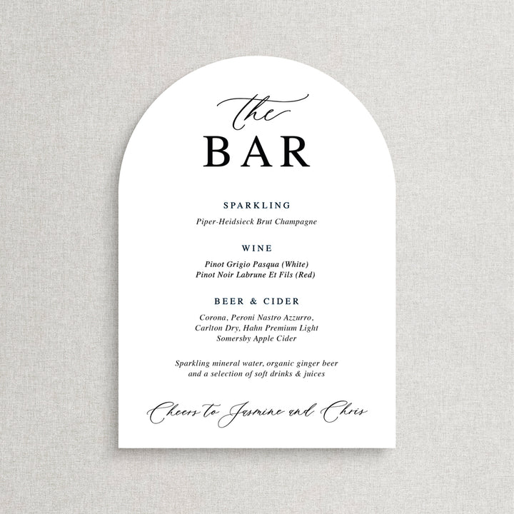 Arch shape wedding bar or drinks pvc or acrylic sign. Printed in Australia. Personalised with bride and grooms names