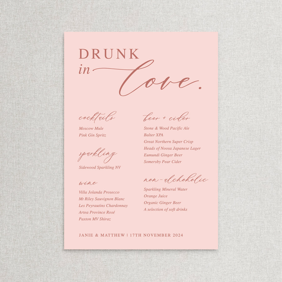 Wedding bar or drinks sign board in pink. Drunk in love. Printed in Australia. Personalised with bride and grooms names