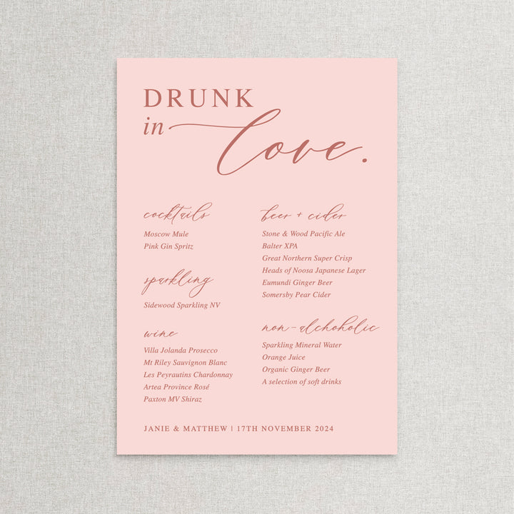 Wedding bar or drinks sign board in pink. Drunk in love. Printed in Australia. Personalised with bride and grooms names