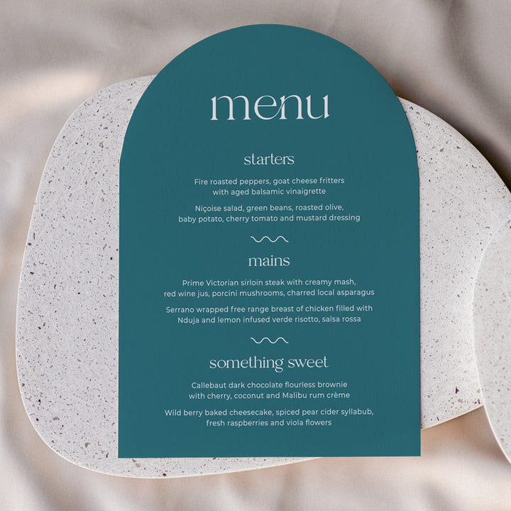 Retro arch wedding menu in sea green or blue. Designed and printed in Australia.