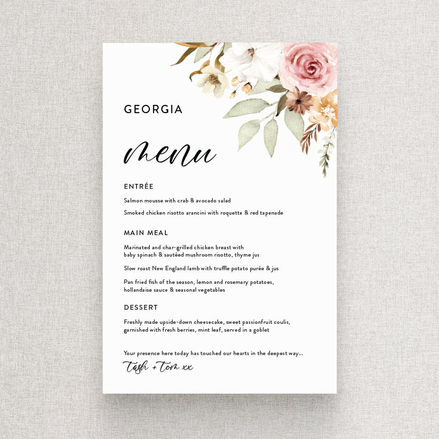 Floral boho wedding menu card with calligraphy font and guest names on each. Designed and printed in Australia.