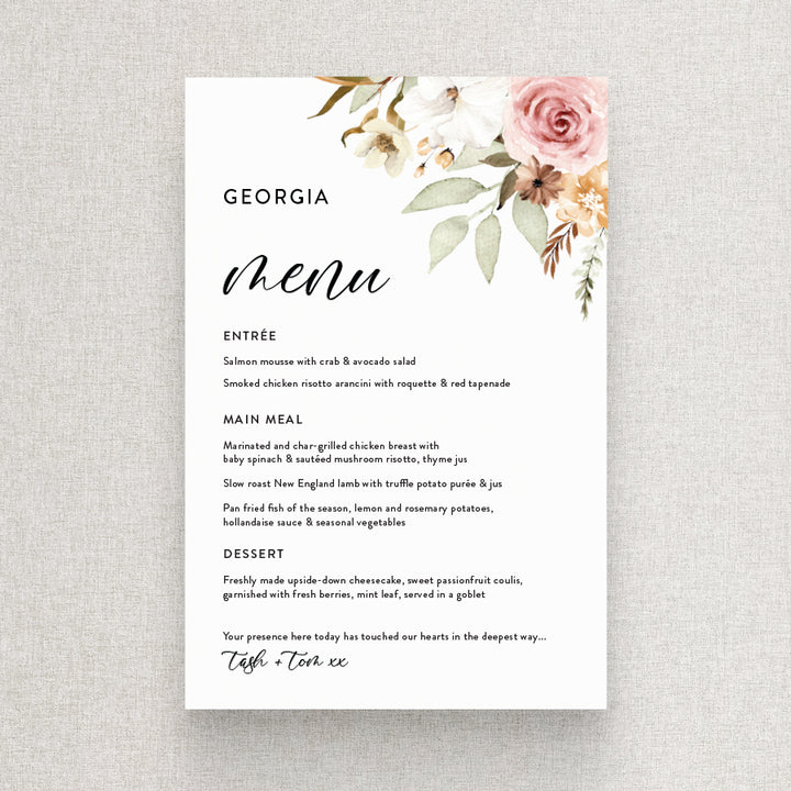 Floral boho wedding menu card with calligraphy font and guest names on each. Designed and printed in Australia.
