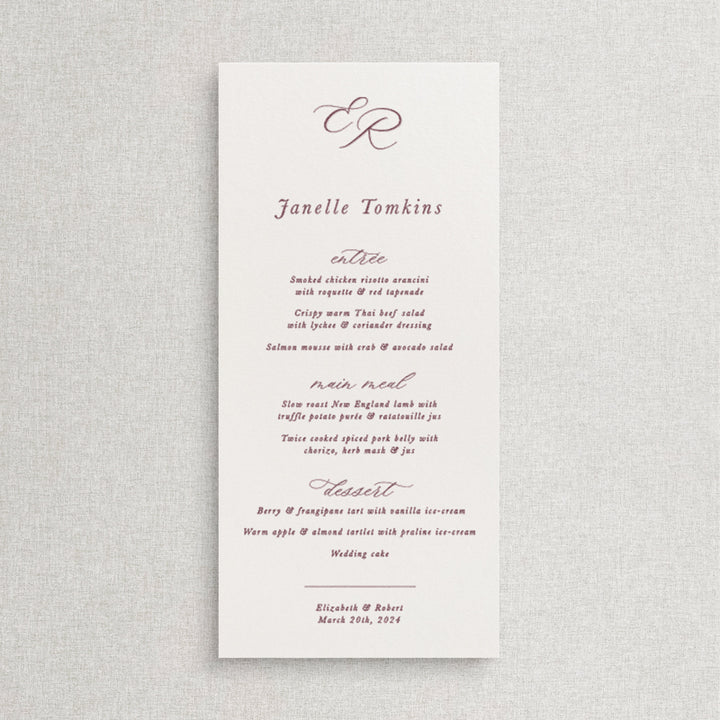 Traditional calligraphy wedding menu. Marsala and white with a monogram of bride and grooms initials. Peach Perfect Australia.