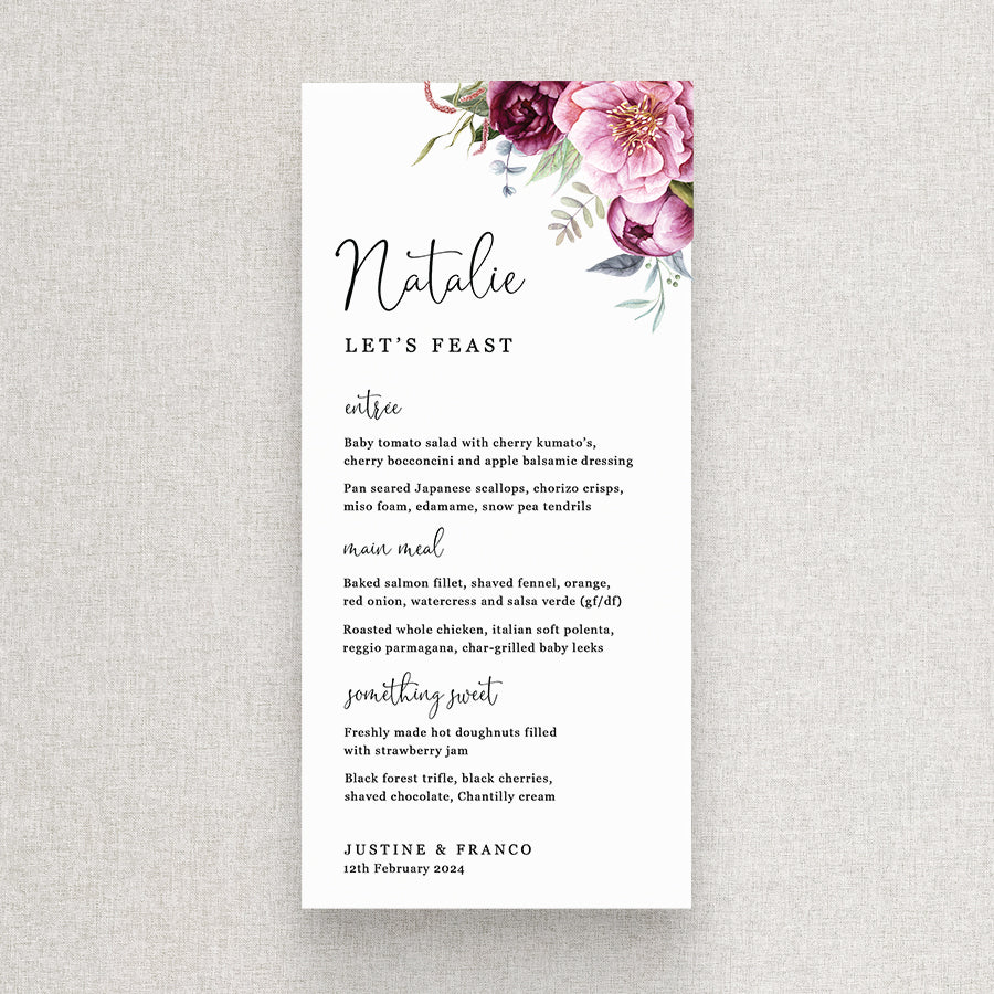 Modern wedding menu with calligraphy and guest name printing. Pink and burgundy florals and foliage. Printed in Australia.