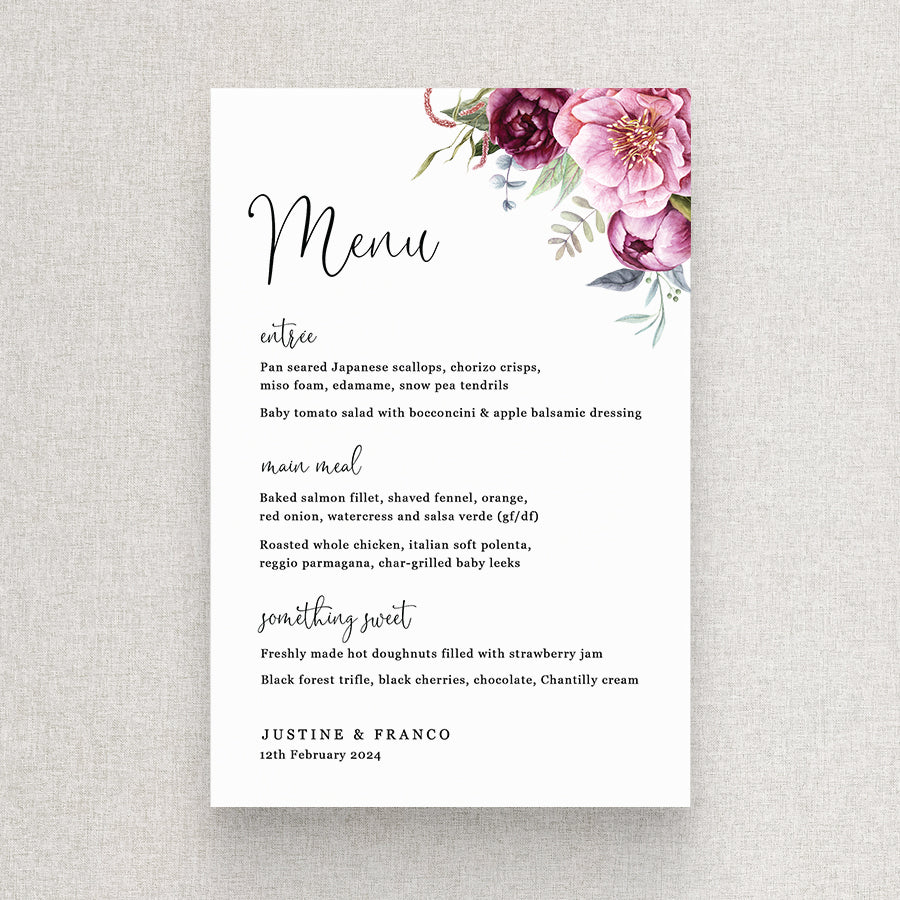 Modern wedding menu with calligraphy and guest name printing. Pink and burgundy florals and foliage. Printed in Australia.