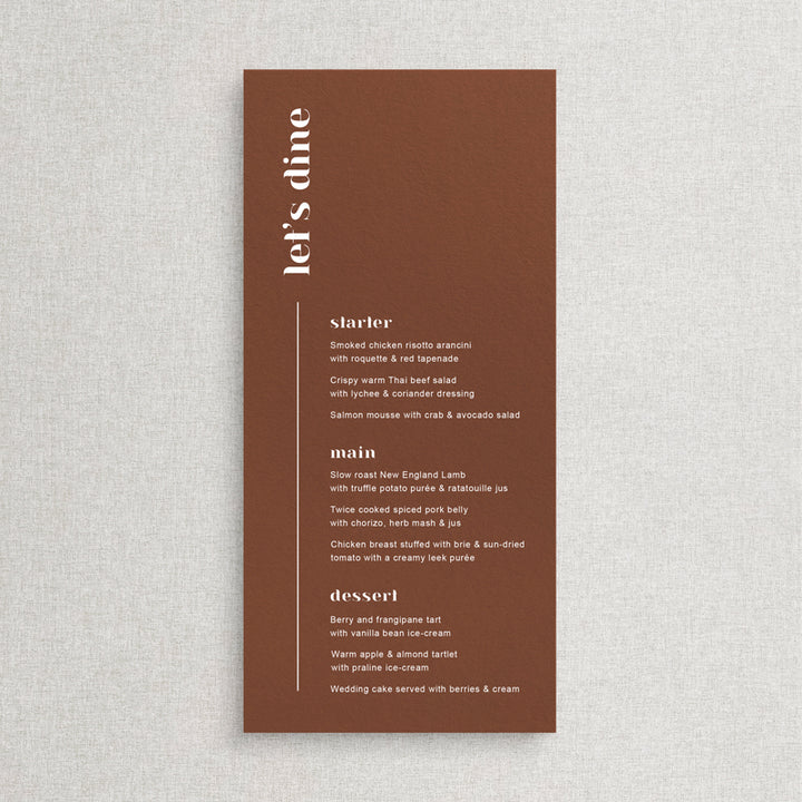 Modern wedding menu with block font. White ink printing on Harvest or Terracotta card. Designed and printed in Australia.