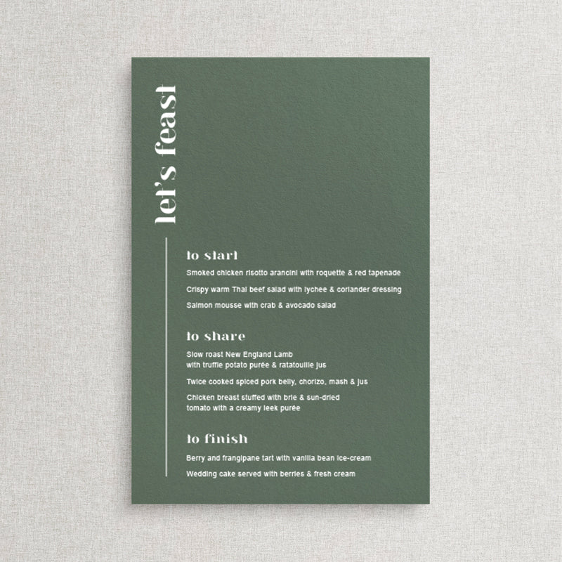Modern wedding menu with block font. White ink printing on Seedling Green card. Designed and printed in Australia.