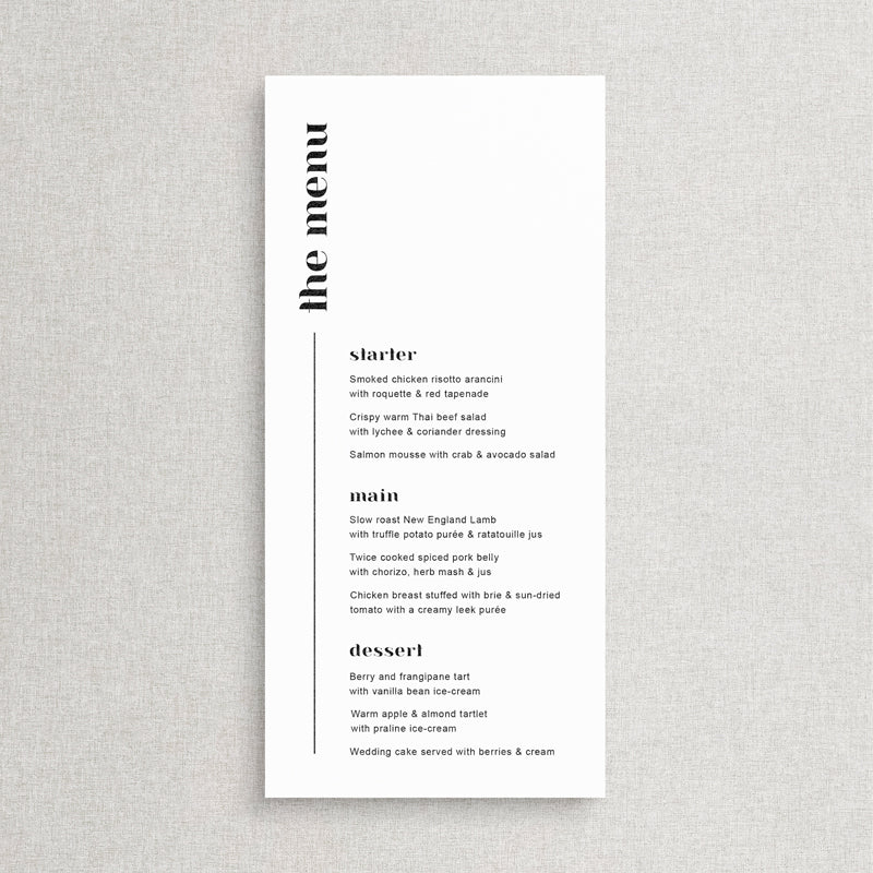 Modern wedding menu with block font. Black and white. Designed and printed in Australia.