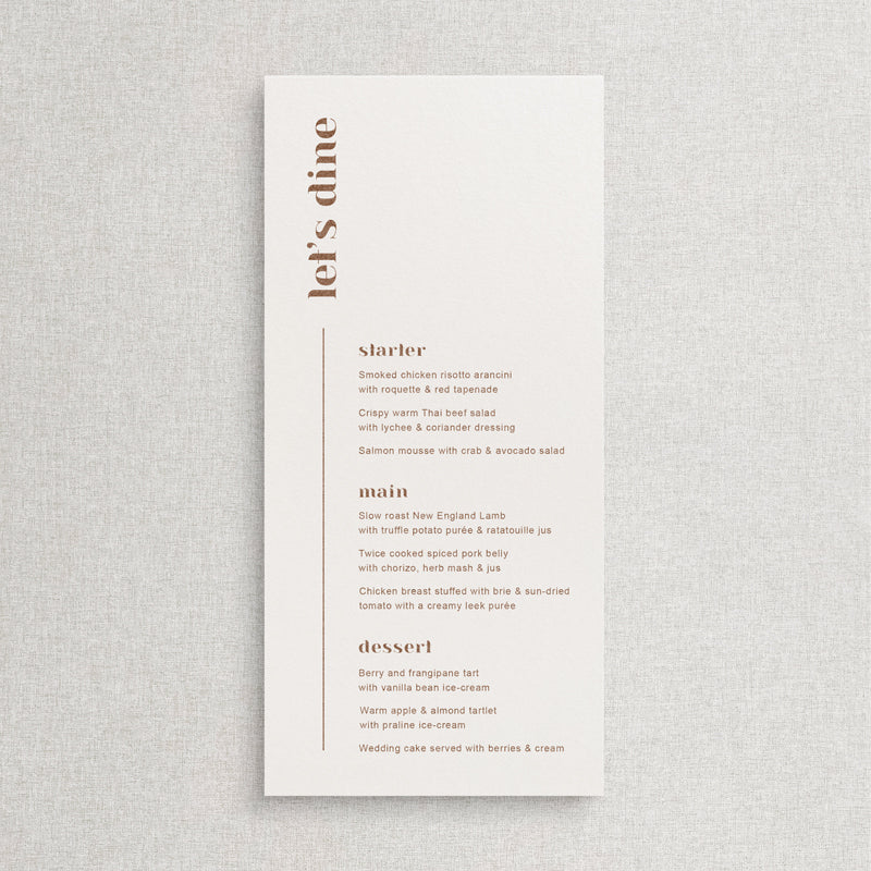 Modern wedding menu with block font. Cinnamon or Terracotta ink on white card stock. Designed and printed in Australia.