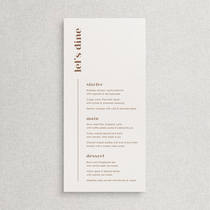 Modern wedding menu with block font. Cinnamon or Terracotta ink on white card stock. Designed and printed in Australia.