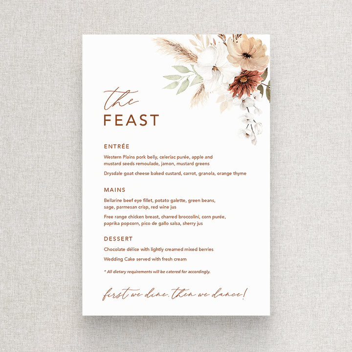 Bohemian floral wedding menu with soft terracotta colours and greenery, pampas grass. First we dine then we dance. Peach Perfect Australia.