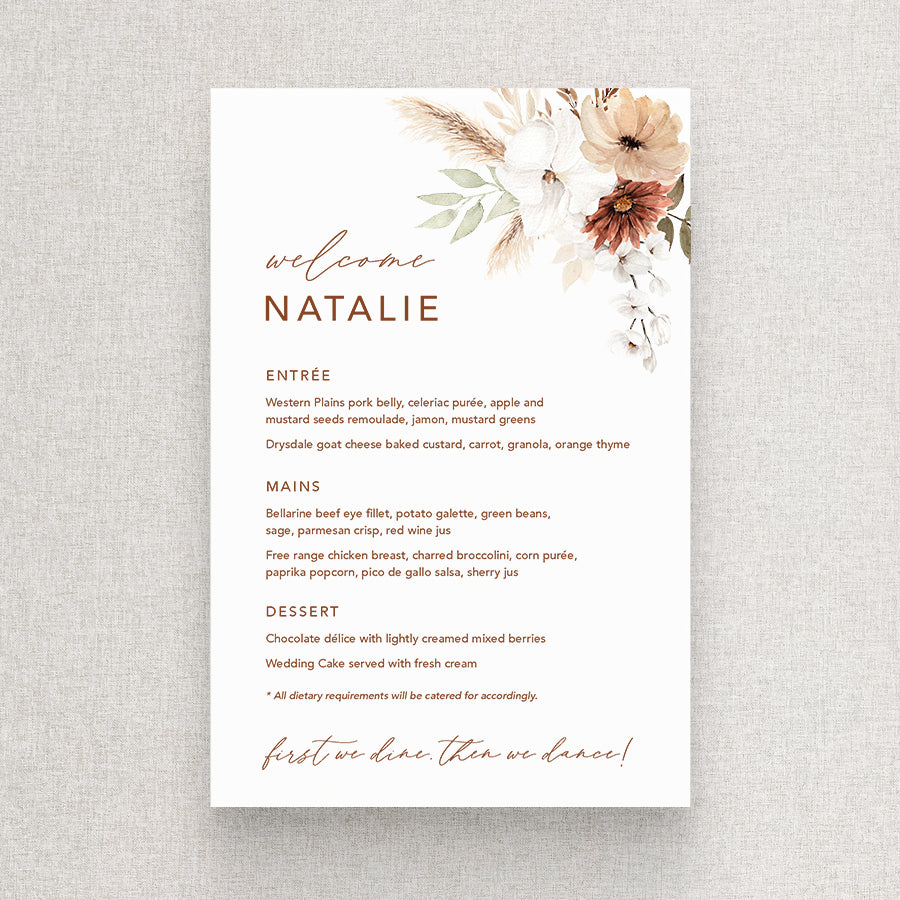 Bohemian floral wedding menu with soft terracotta colours and greenery, pampas grass. Guest name printing on each menu. Peach Perfect Australia.