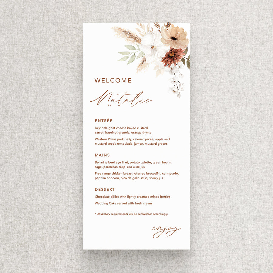 Bohemian floral wedding menu with soft terracotta colours and greenery, pampas grass. Guest name printing on each menu. Peach Perfect Australia.