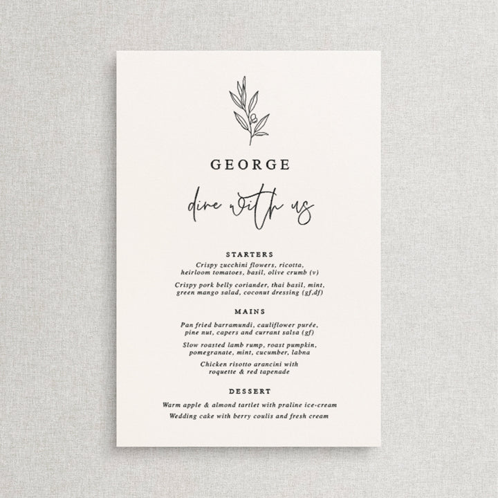 Wedding menu with hand drawn olive leaf. Printed on neutral Almond cardstock in Australia.