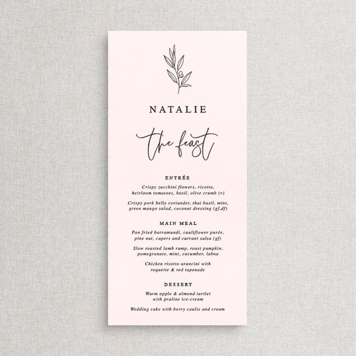 Wedding menu designed and printed in Australia on baby pink card with black text. Guest names printed on each menu.