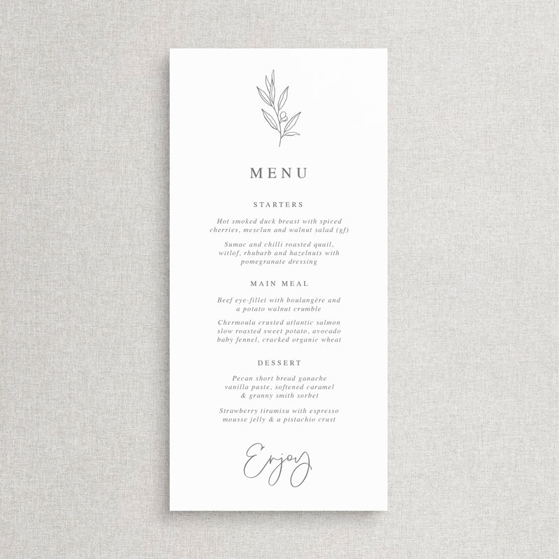 Wedding menu with hand drawn olive leaf. Printed on Wild Rose pink cardstock in Australia with white ink.