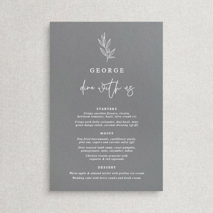 Wedding menu with hand drawn leaf. Printed white ink on grey card in Australia.