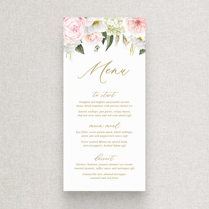 Wedding menu with gold text and pink and blush flowers. Printed in Australia. Peach Perfect Stationery.