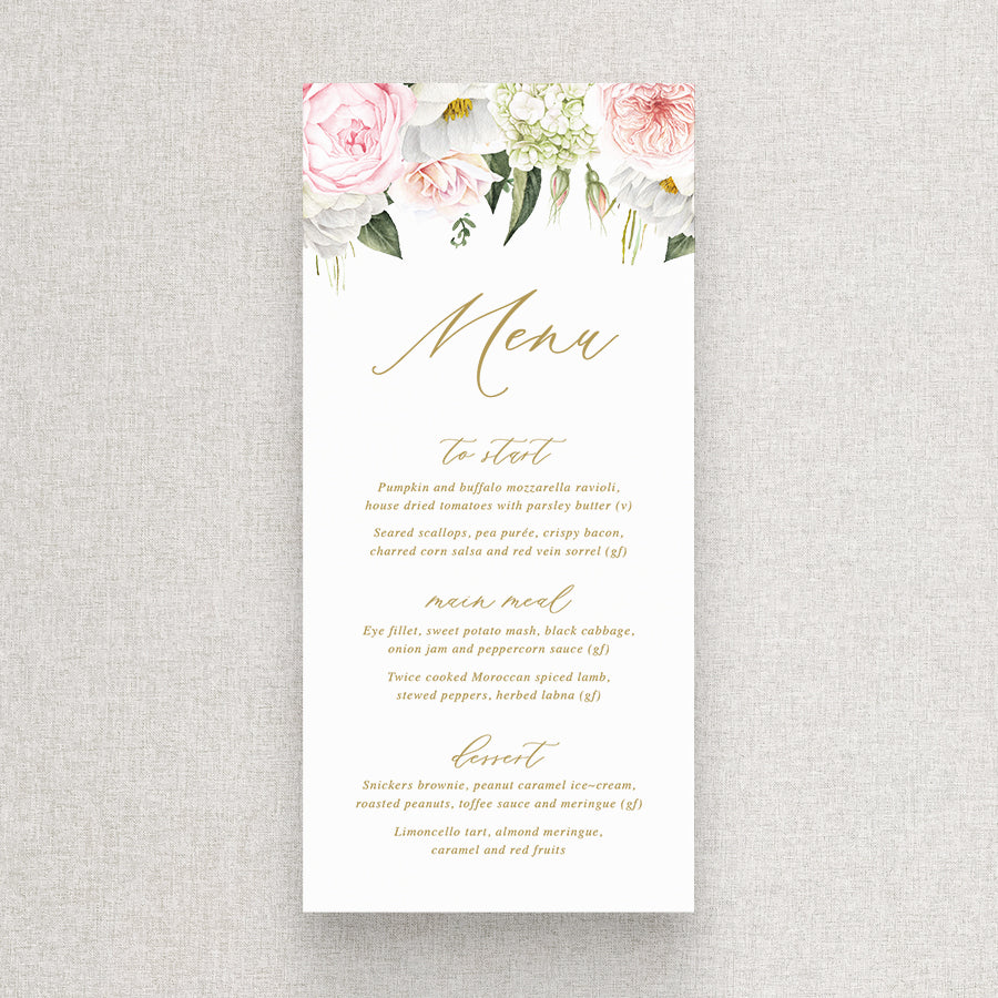 Wedding menu with gold text and pink and blush flowers. Printed in Australia. Peach Perfect Stationery.