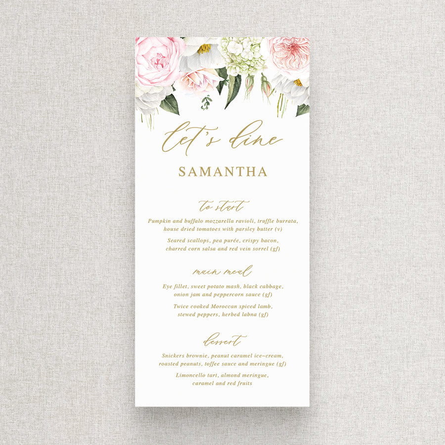 Wedding menu with gold text and pink and blush flowers. Printed in Australia with guest name printing. Peach Perfect Stationery.