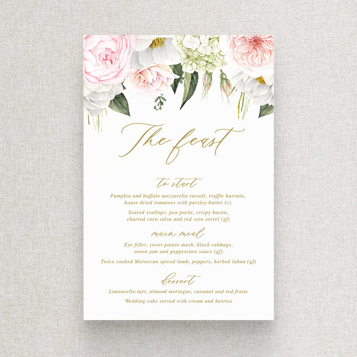 Wedding menu with gold text and pink and blush flowers. Printed in Australia. Peach Perfect Stationery.