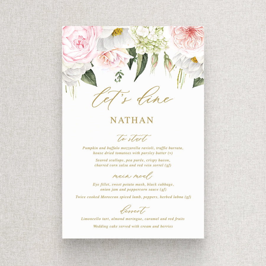 Wedding menu with gold text and pink and blush flowers. Printed in Australia with guest name printing. Peach Perfect Stationery.
