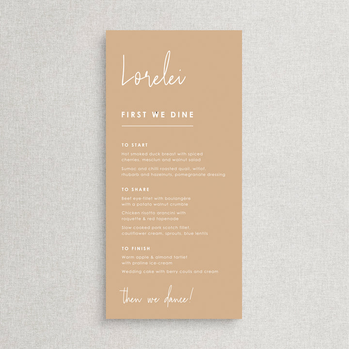 Modern wedding menu with Script font and guest names printed. White ink on neutral cinnamon cardstock. Printed in Australia.