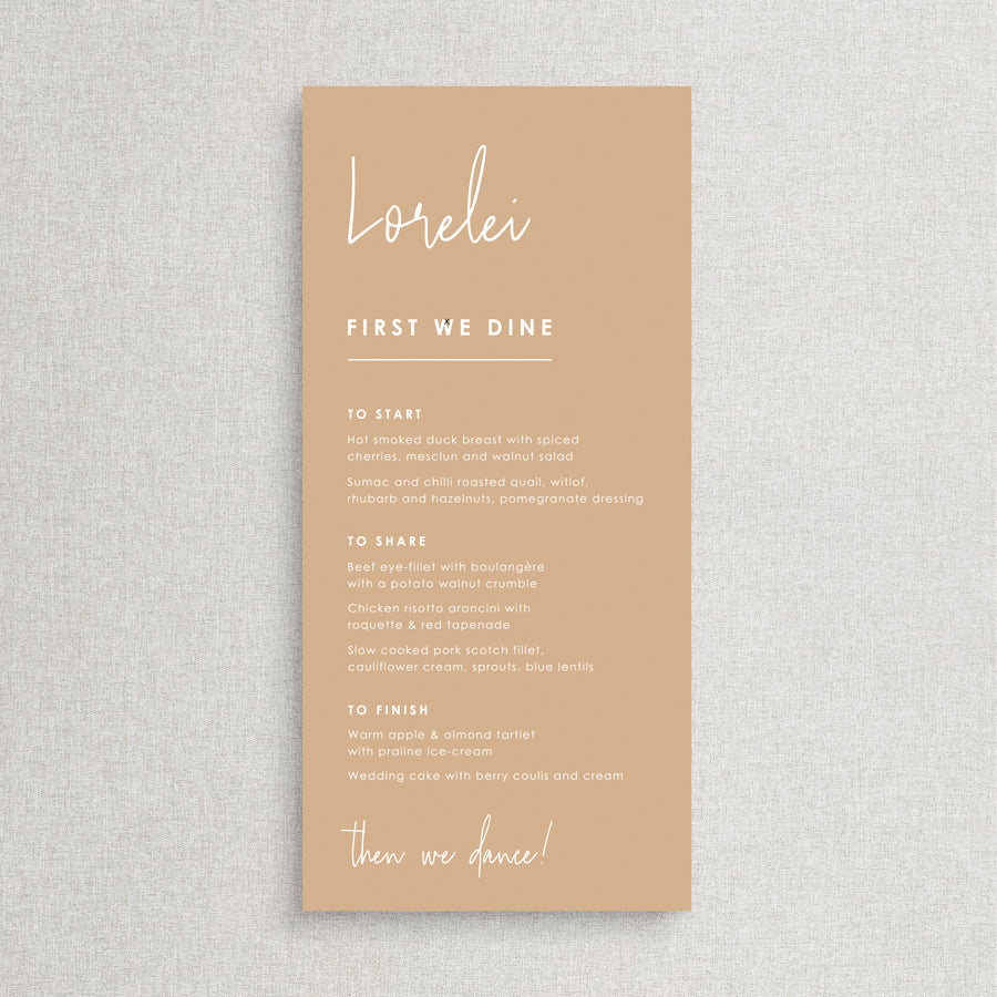 Modern wedding menu with Script font and guest names printed. White ink on neutral cinnamon cardstock. Printed in Australia.