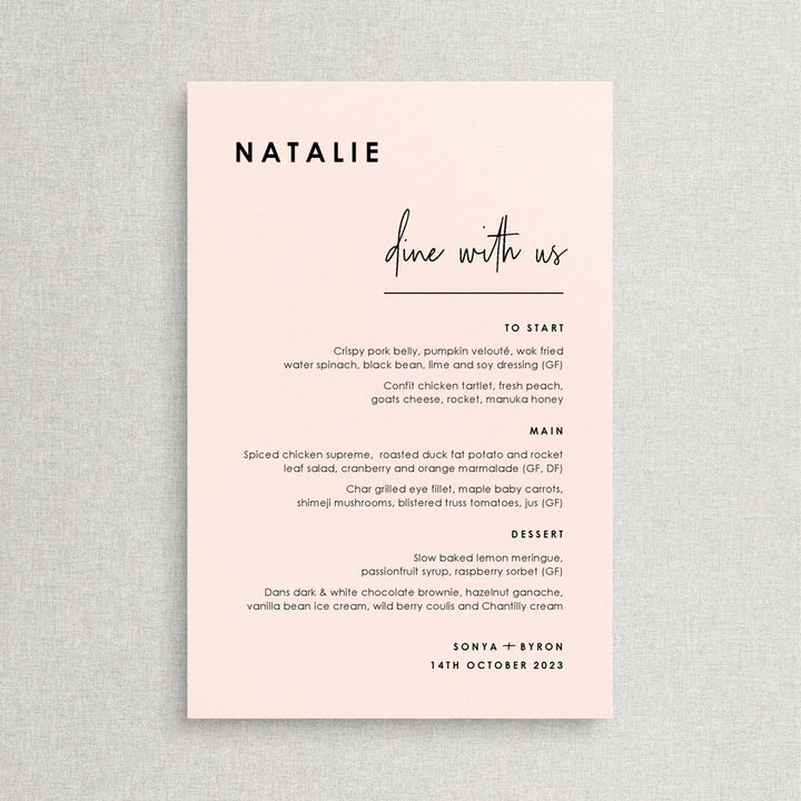 Modern wedding menu with Script font and guest names printed on baby pink cardstock. Designed and printed in Australia.
