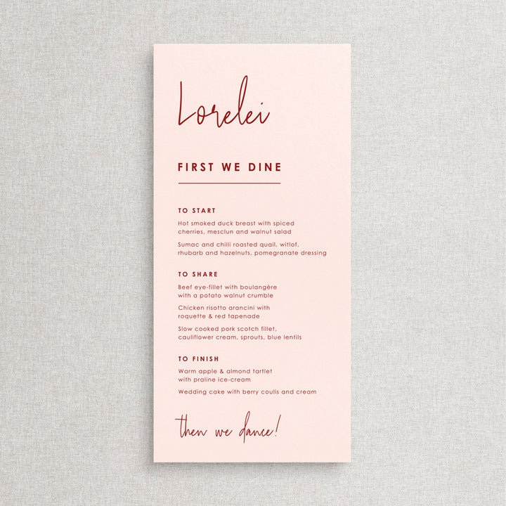 Modern wedding menu with Script font and guest names printed. Burgundy ink on blush card stock. Printed in Australia.