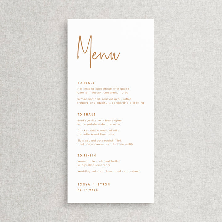 Modern wedding menu with cinnamon or terracotta ink colour. Designed and printed in Australia.