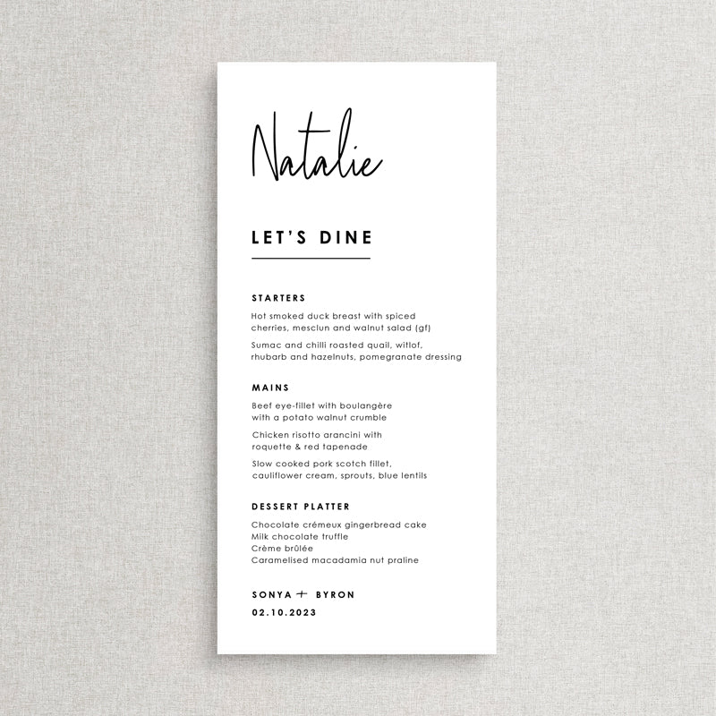 Modern wedding menu with Script font and guest names printed. Black ink on white cardstock. Printed in Australia.