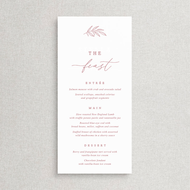 Wedding menu with modern calligraphy font and leaf detail in rose dusty pink neutral colours. Peach Perfect Australia.