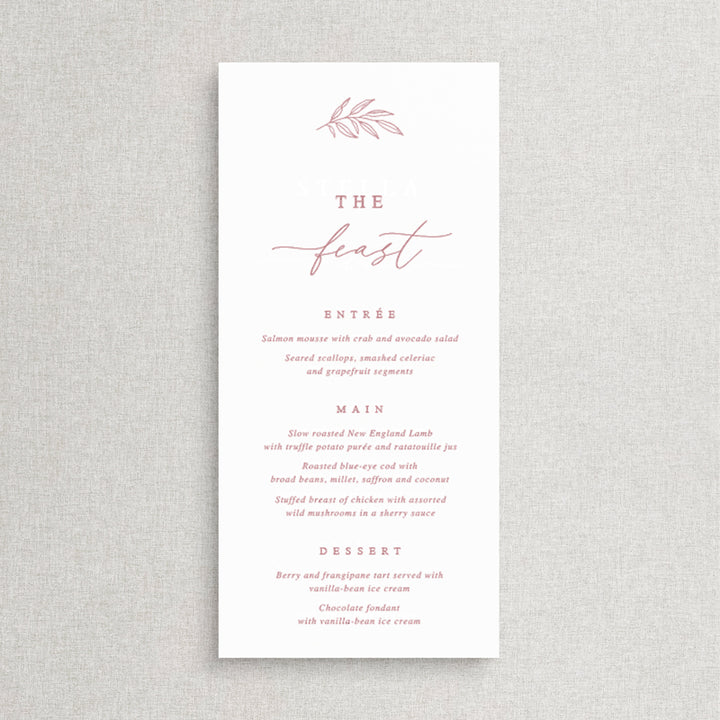 Wedding menu with modern calligraphy font and leaf detail in rose dusty pink neutral colours. Peach Perfect Australia.
